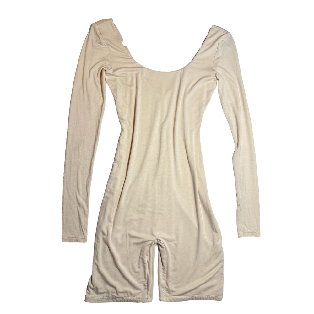 Naked Wardrobe Cream Beige Long Sleeve Romper Scoop Neck Bodycon NW-J0517 Small